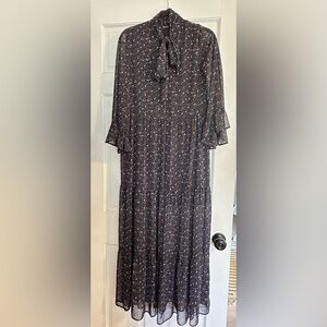 Zara Sheer Black Floral Tiered Maxi Dress Tie Bow Flutter Sleeves Size Small